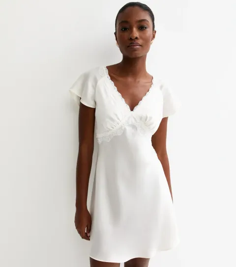Women's White Satin Lace Trimmed Mini Dress
