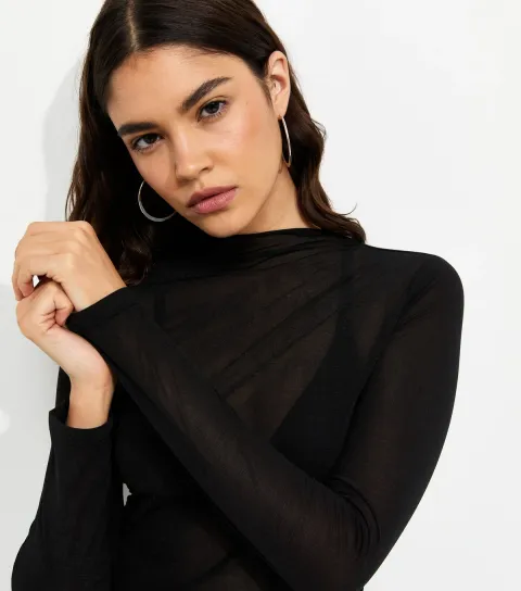 Women's Black Sheer Jersey High Neck Long Sleeve Top