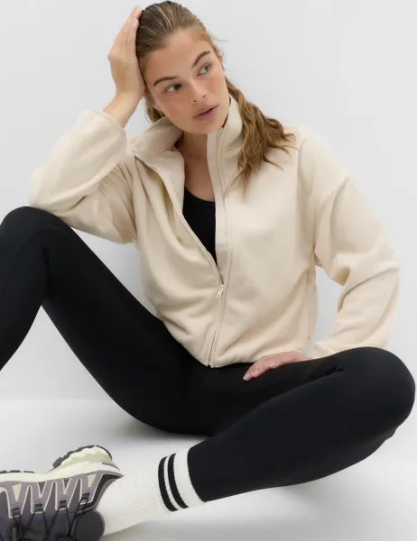 Goodmove Zip Up Funnel Neck Relaxed Fleece Jacket Ecru