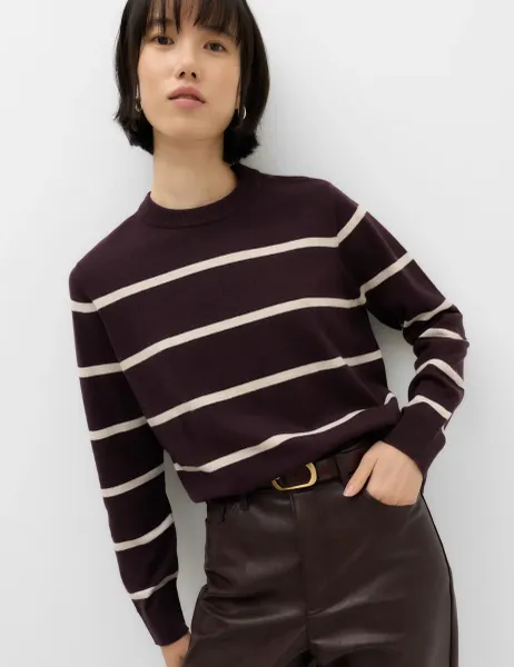 Marks & Spencer Air-Yarn Striped Crew Neck Jumper Dark Aubergine