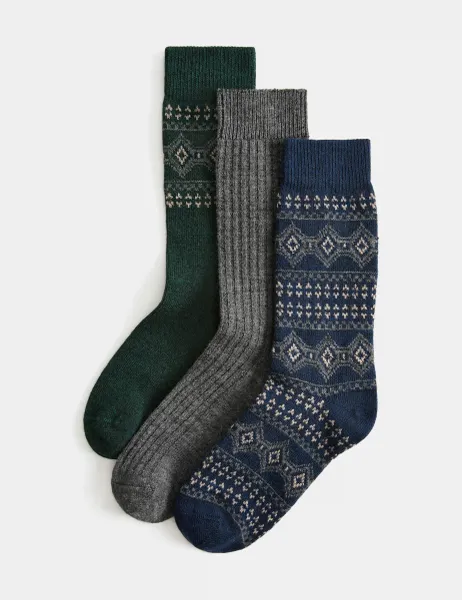 Marks & Spencer 3 Pack Patterned Socks with Wool Green Mix