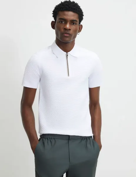 River Island Textured Half Zip Knitted Polo Shirt White