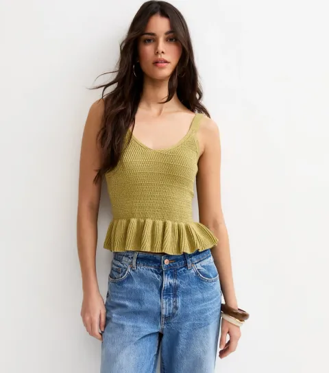 Women's Green Cotton Rich Textured Knit Peplum Cami Vest