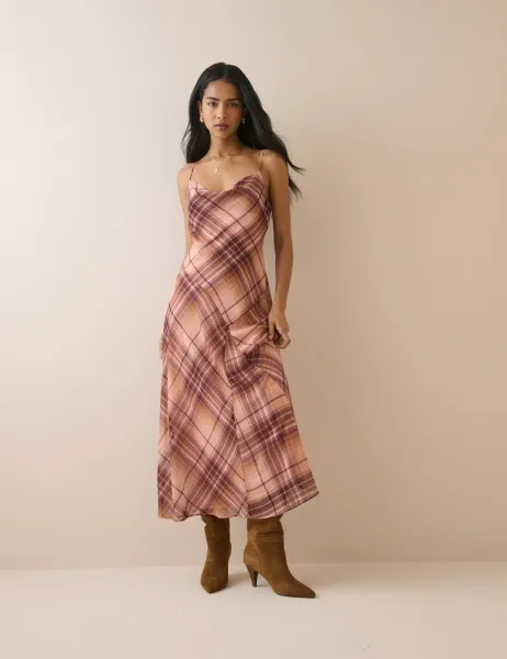 Nobody's Child Checked Cowl Neck Midi Slip Dress Red