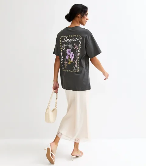 Women's Dark Grey Cotton Botaniste Print Oversized T-Shirt