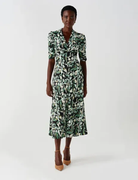 Ghost Crepe Floral V Neck Puff Sleeve Tea Dress Green Mix