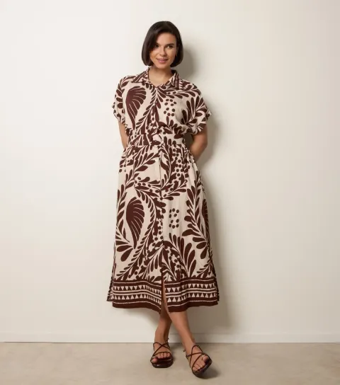 Women's Dark Brown Leaf Print Belted Midi Dress