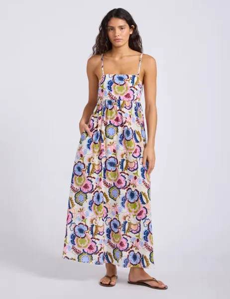 Seafolly Sea Blossom Pure Cotton Floral Strappy Shirred Midi Dress Multi