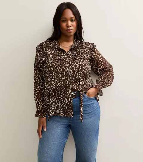 New Look Women's Plus Size Brown Animal Print Ruffle Trim Tie Neck Blouse Curves