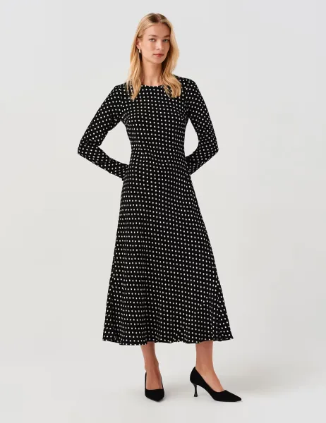 Ghost Polka Dot Round Neck Midi Waisted Dress Black Mix