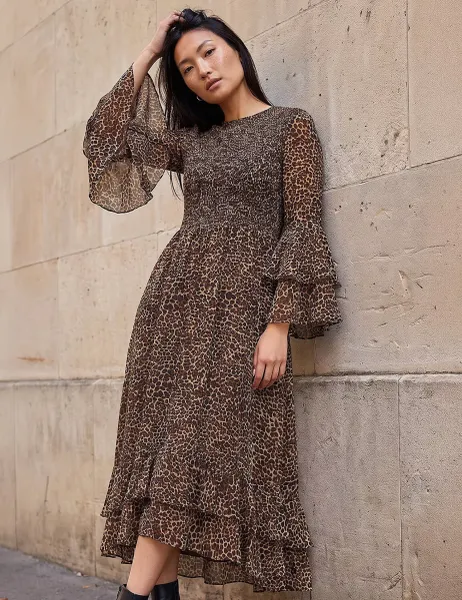Roman Animal Print Frill Sleeve Midi Dress Tan