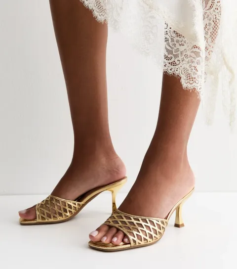 Women's Gold Faux Leather Mesh Lattice Stiletto Mules Vegan