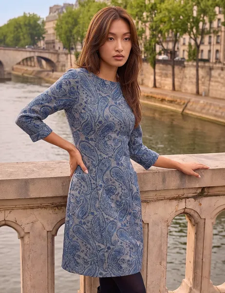 Roman Paisley Knee Length Shift Dress Blue