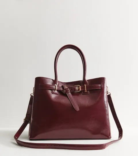 Dark Burgundy Faux Leather Belted Tote Bag