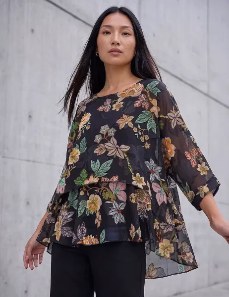 Roman Floral Overlay Top Black Mix