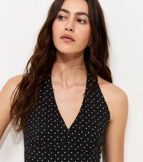 Women's Black Spot Print Halter Neck Top