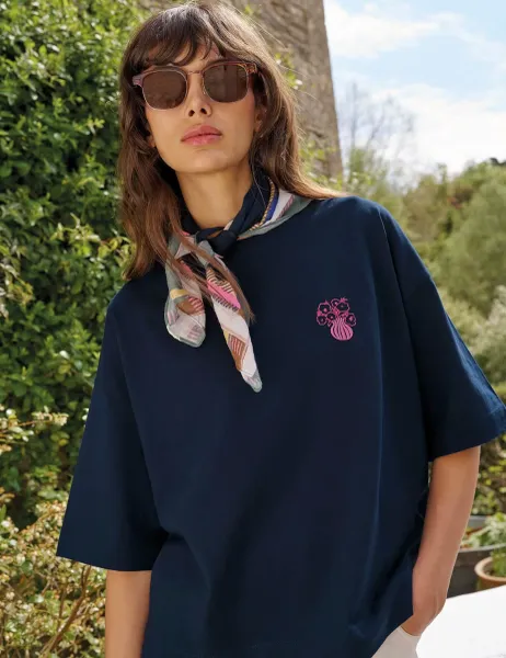 White Stuff Pure Cotton Embellished T-Shirt Navy