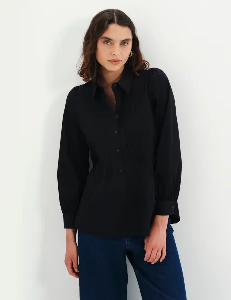 Finery London Cotton Rich Collared Pintuck Shirt Black