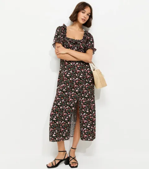 Women's Black Floral Square Neck Midi Tea Dress