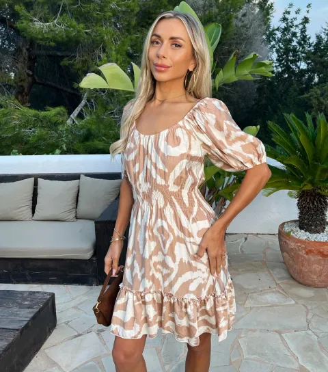 Women's Cream Abstract Frill Mini Dress