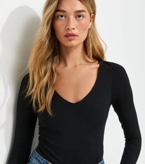 New Look Women's Tall Black Long Sleeve V Neck Bodysuit