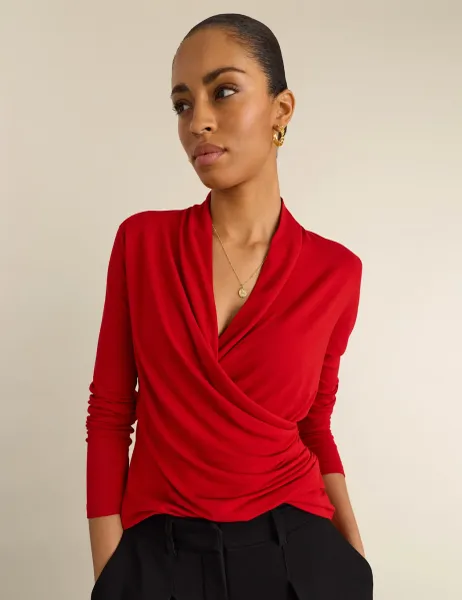 BAUKJEN Jersey V-Neck Fitted Wrap Top Red