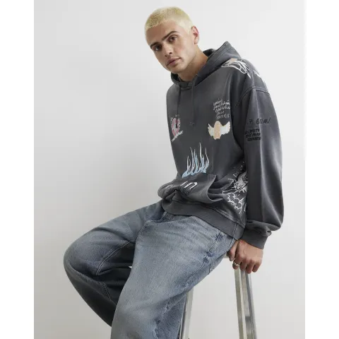River Island Oversized Fit Scribble Hoodie