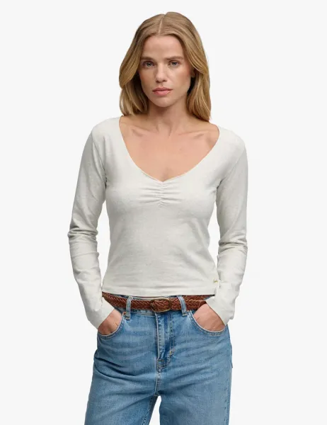 Cotton Rich Gathered V-Neck Top White