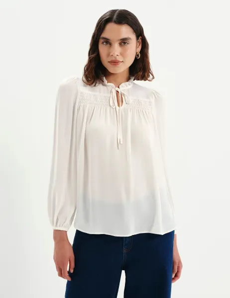 Finery London Shirred Tie Neck Blouse Ivory