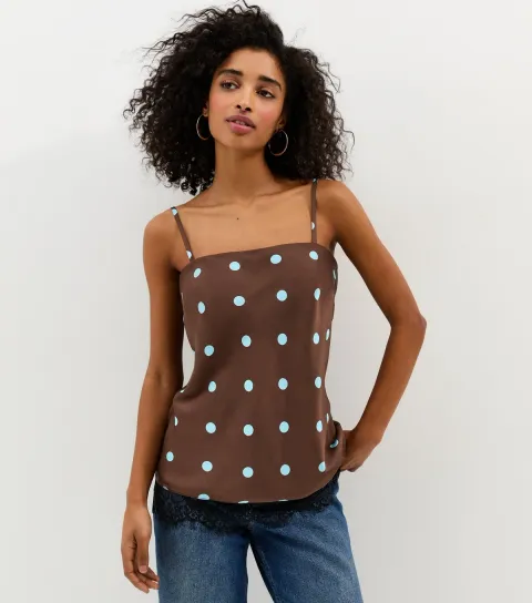 Women's Brown Polka Dot Longline Cami Top