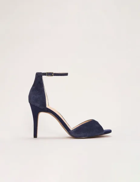 Phase Eight Suede Ankle Strap Stiletto Peep Toe Sandals Navy