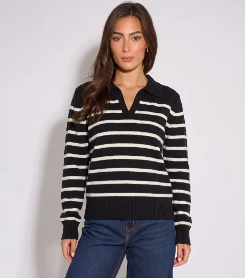 Gini London Women's Black V-Neck Collared Jumper