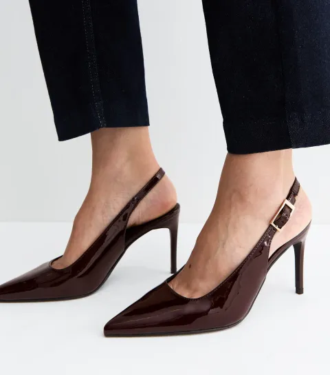 Women's Dark Burgundy Faux Leather Slingback Stiletto Court Shoes Vegan