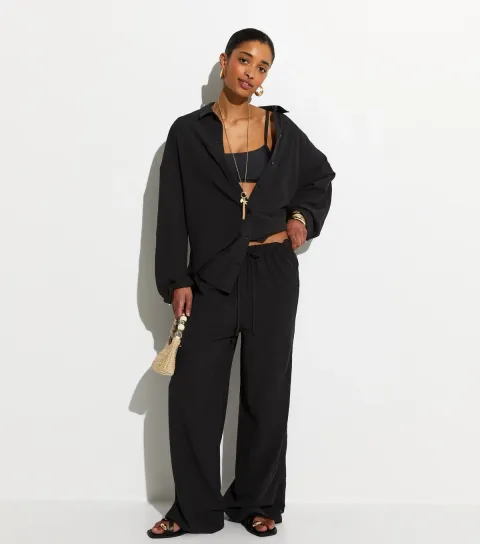 Women's Black Crinkled Wide Leg Beach Trousers