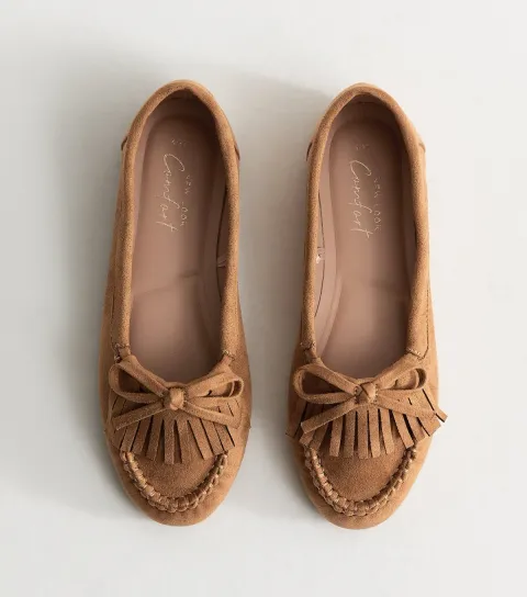 Women's Tan Faux Suede Front Fringe Loafers Vegan