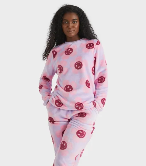 Women's Lilac Happy Flower Two Piece Fleece Pyjama Set