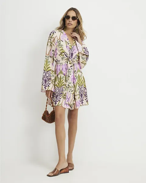 River Island Cotton Tropicana Tie Front Mini Dress