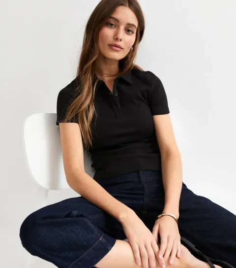 Women's Black Ribbed Short Sleeve Polo Top
