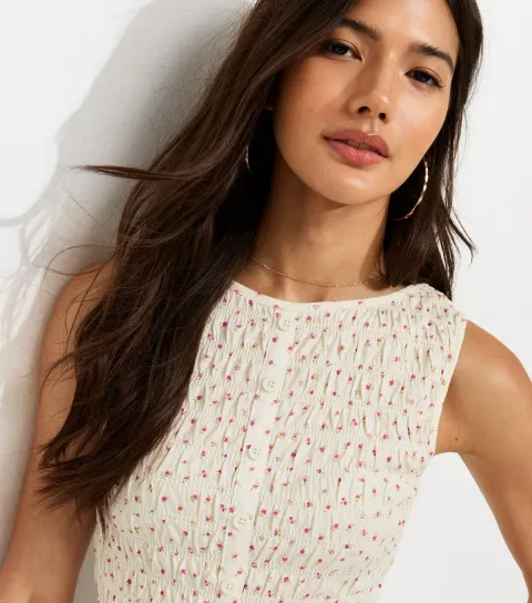 Women's Cream Floral Shirred Button Through Top