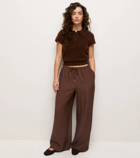 Women's Petite Dark Brown Toggle Wide Leg Trousers