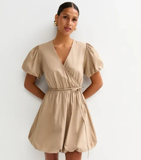 Women's Camel Puffball Hem Wrap Mini Dress