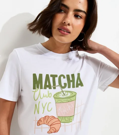 Women's White Cotton Matcha Print Relaxed T-Shirt