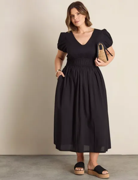 Live Unlimited London Pure Cotton Smocked Waist Midaxi Dress Black