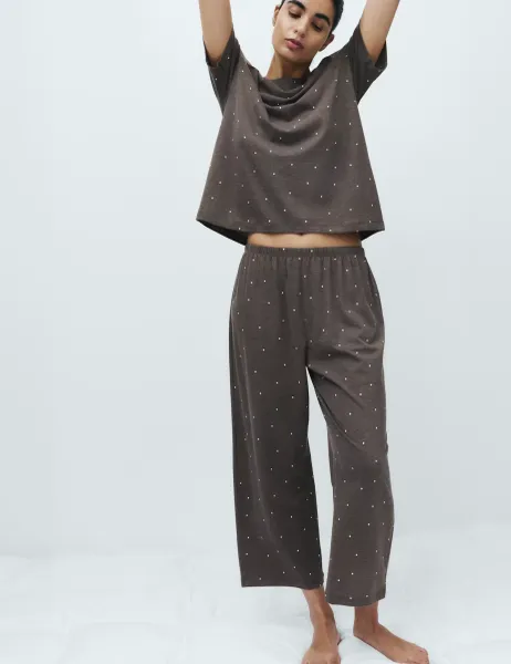 Marks & Spencer Cotton Rich Printed Cropped Pyjama Set Charcoal Mix