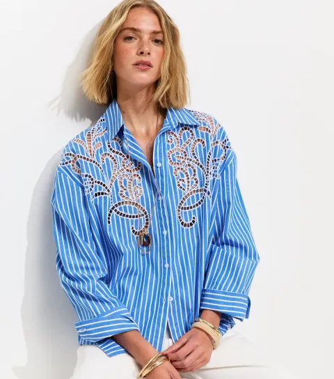 Women's Blue Lace Cutout Pinstripe Shirt