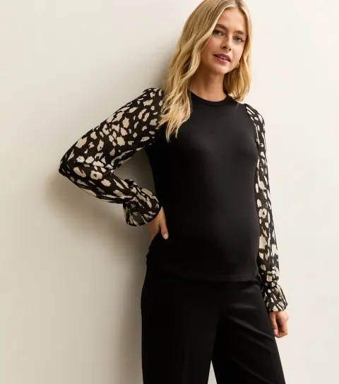 Women's Maternity Black Soft Touch Contrast Sleeve Top