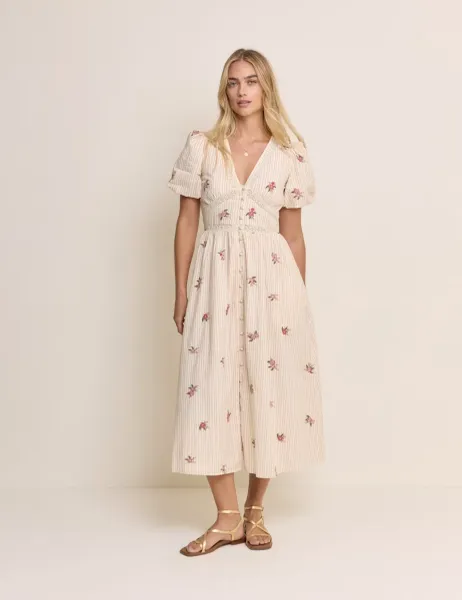 Nobody's Child Pure Cotton Floral Midaxi Waisted Dress Cream