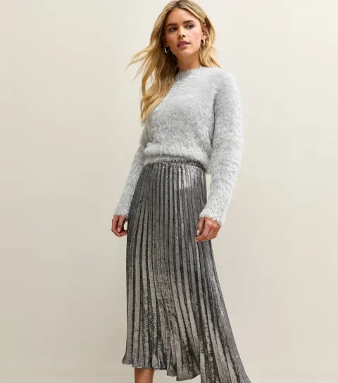 Women's Petite Silver Foil Pleated Midi Skirt