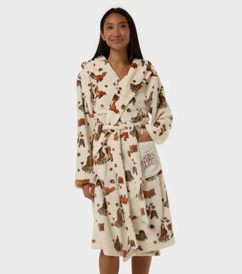 Skinnydip Women's White Fleece Fox And The Hound Print Dressing Gown