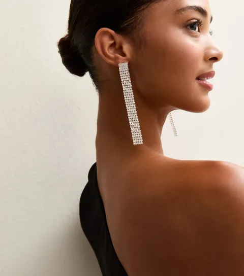 Silver Tone Extra Long Diamante Tassel Earrings
